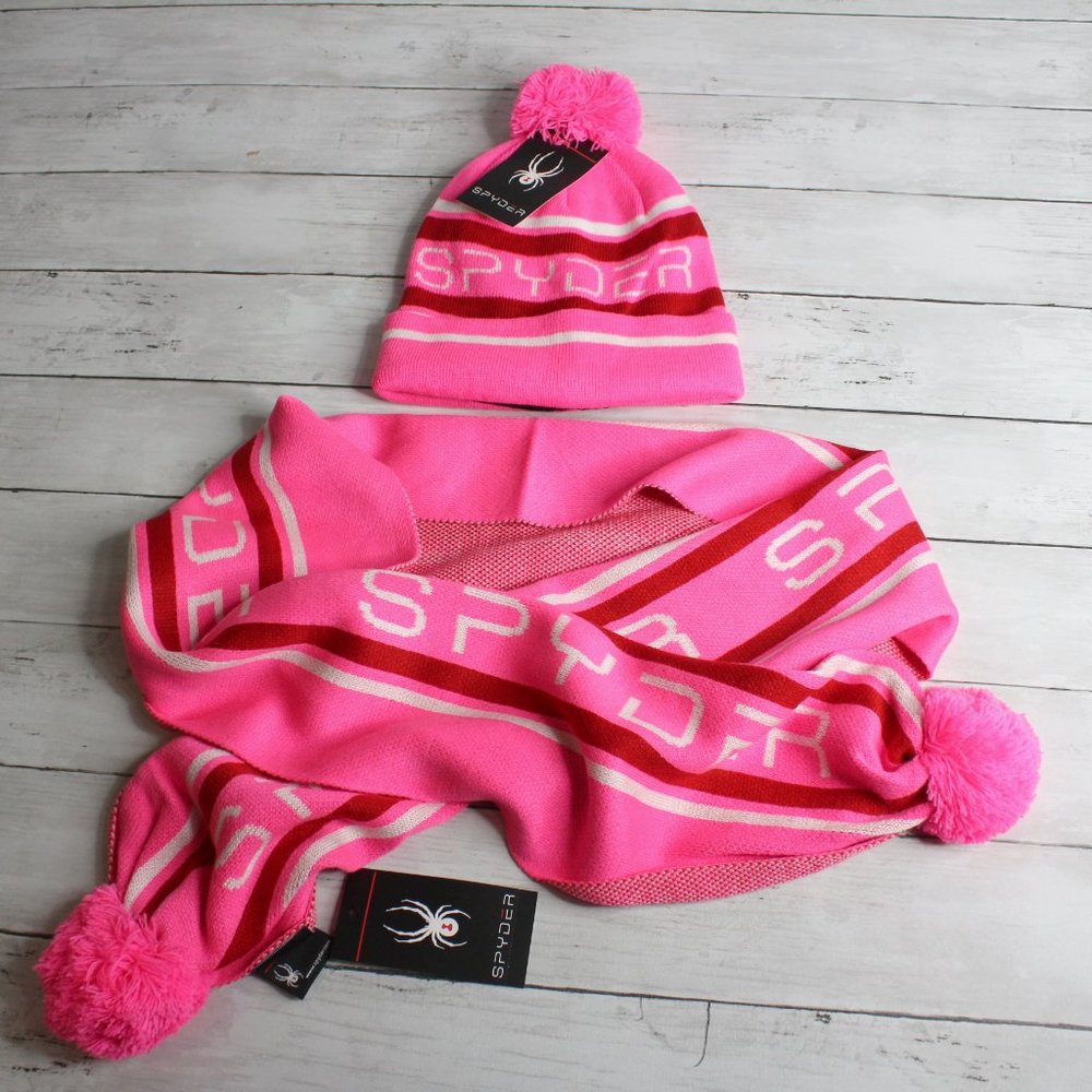 Spyder Women's Winter Beanie Ski Hat Scarf Lot Bright Pink Red White